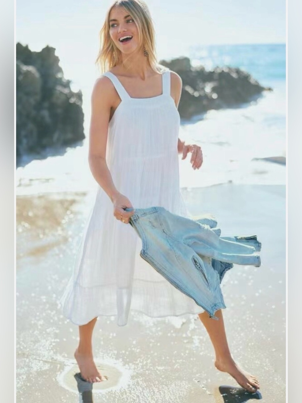 Rails Amaya Linen Blend Tiered Midi Dress Bright White Size Small NWT
